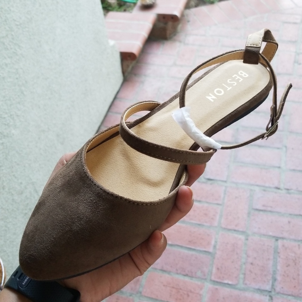 Taupe Ankle Strap Flats Sandals